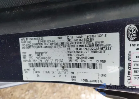 2012 Ford Fiesta Se z USA, uszkodzony, nr VIN 3FADP4EJ2CM157333